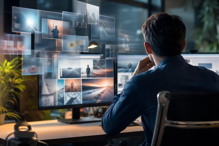 Pessoa analisando anúncios digitais em diferentes plataformas, sem textos legíveis ou logotipos