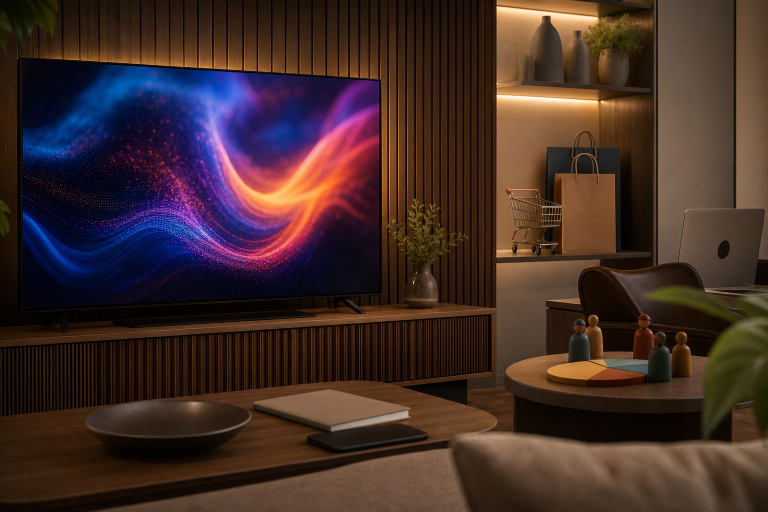 Tela de streaming com cena audiovisual abstrata ao lado de elementos visuais que representam dados e publicidade digital, sem textos ou logotipos legíveis.